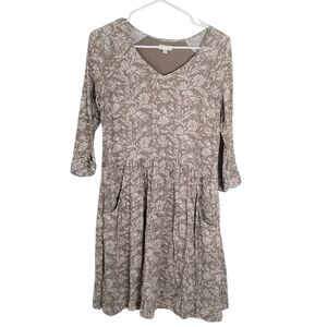 Garnet Hill 3/4 Sleeves A -Line Tan Ivory Floral Pleated Dress Size 4 Pockets